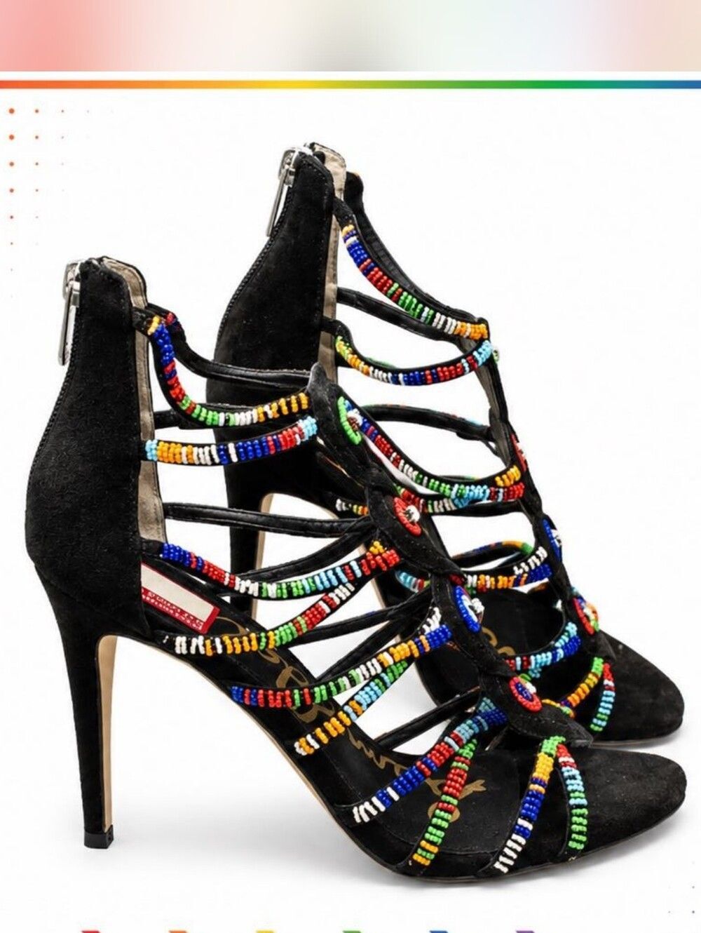 Sam Edelman Black Beaded Strappy Heels Multicolor Accents NWOT US Size 8.5